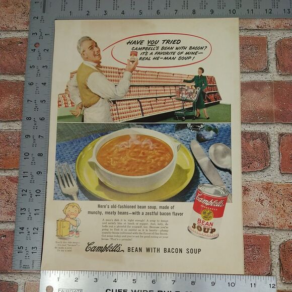 Campbells Bean with Bacon Soup - Store Shelves -1950 Original Retro Vtg PRINT AD - Picture 3 of 9